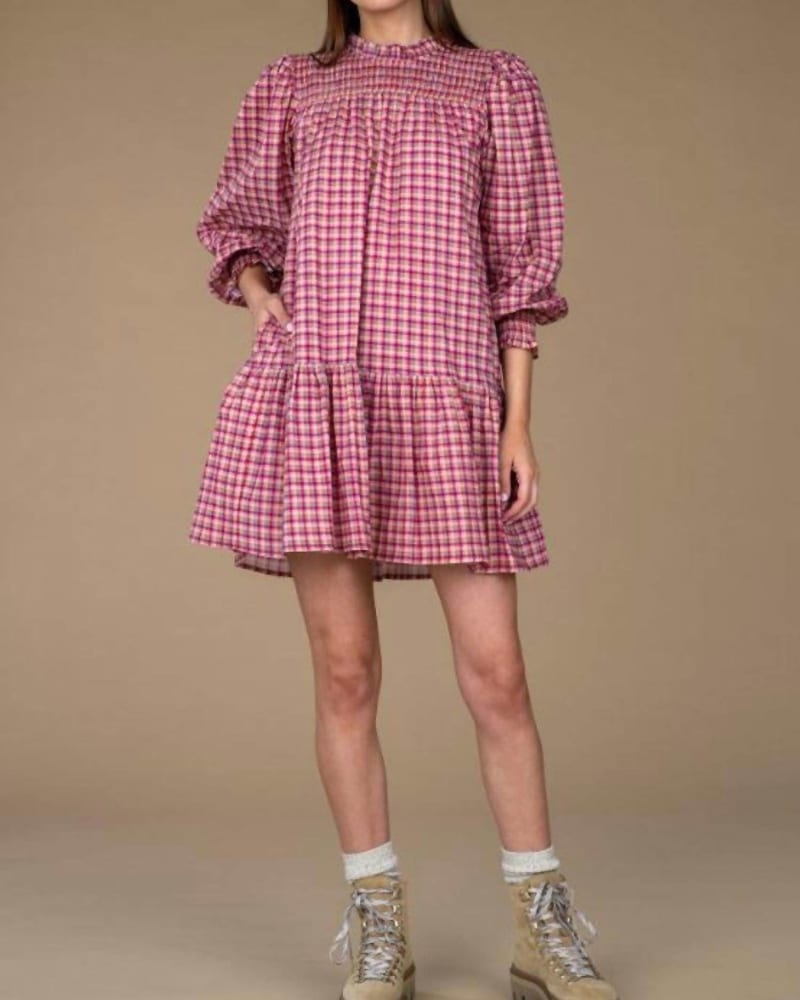 Front of a model wearing a size L Lucy Dress in Big Sky Plaid in Big Sky Plaid by Olivia James the Label. | dia_product_style_image_id:338135